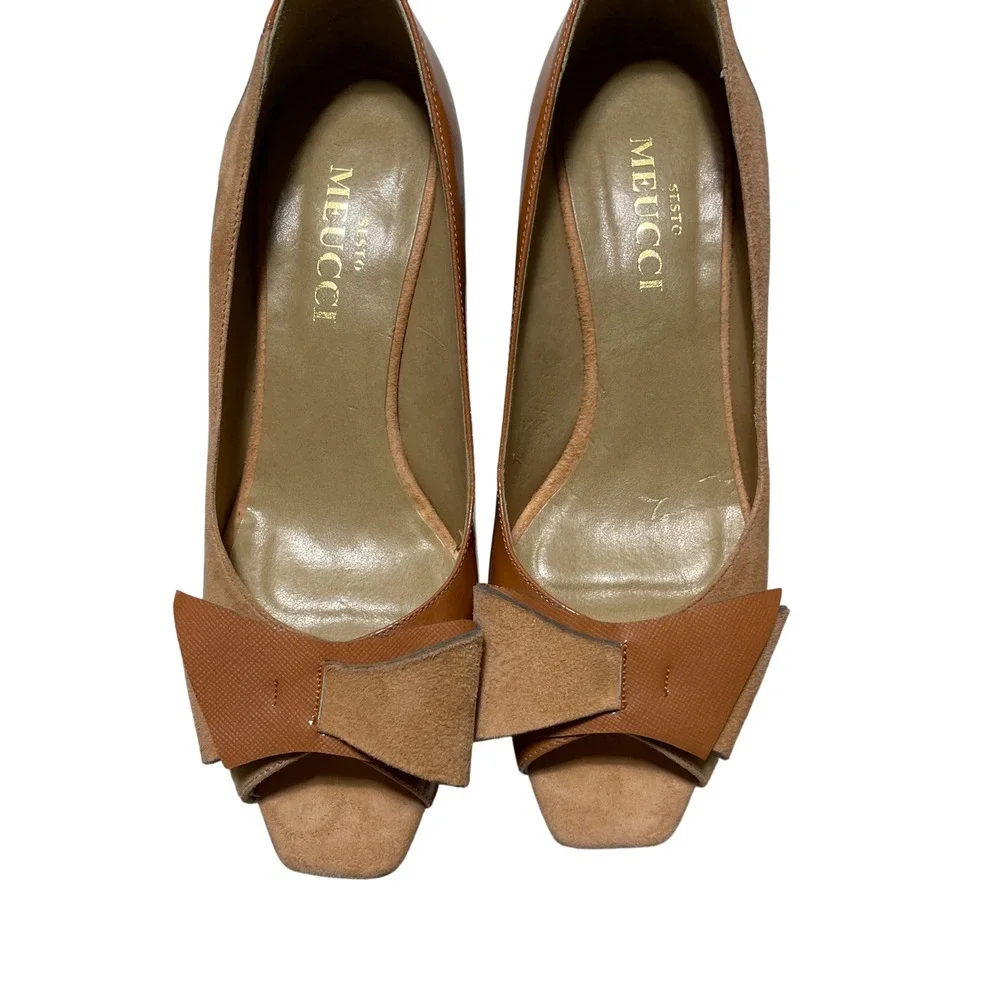 Sesto Meucci 6 M NEW‎ Wedge Heel Peep Toe Bow Tan / Light Brown Italy